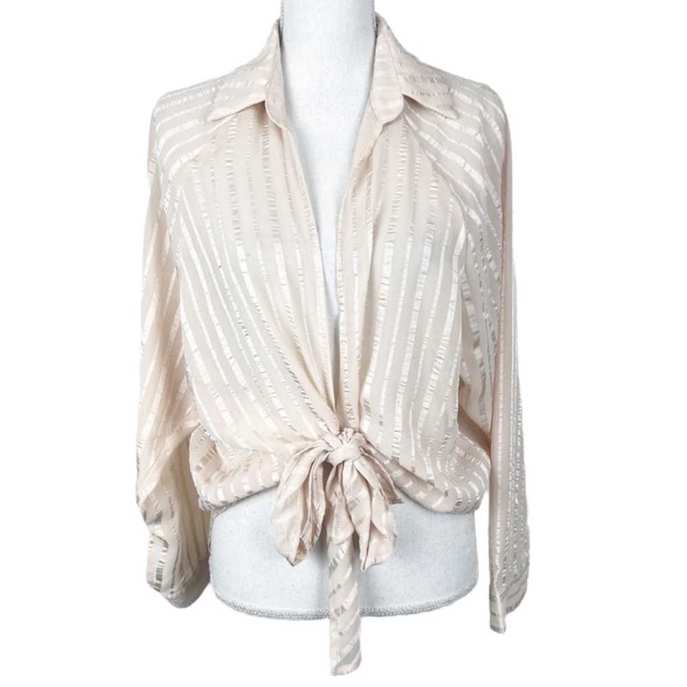 Melrose With Love Wrap Blouse Women Small Beige Striped Tie Waist Collared Top
